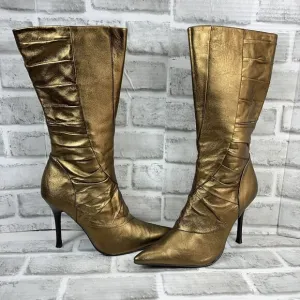 Aldo Vintage Y2K Mid Calf Metallic Gold Pointed Toe Women's Size 39 Heel Boots