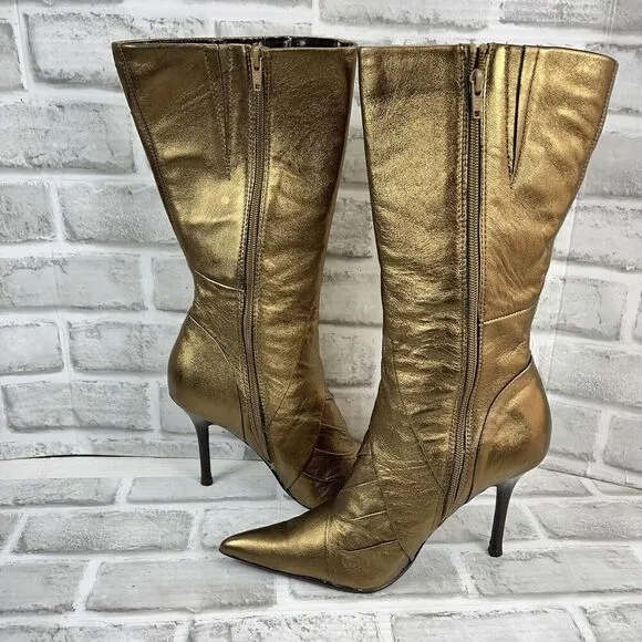 Aldo Vintage Y2K Mid Calf Metallic Gold Pointed Toe Women's Size 39 Heel Boots
