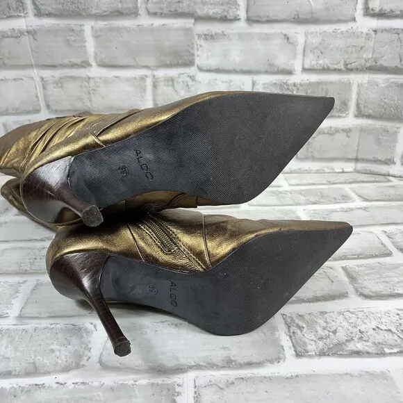 Aldo Vintage Y2K Mid Calf Metallic Gold Pointed Toe Women's Size 39 Heel Boots