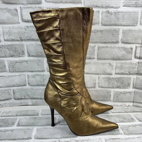 Aldo Vintage Y2K Mid Calf Metallic Gold Pointed Toe Women's Size 39 Heel Boots