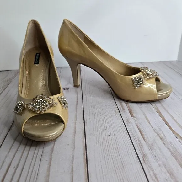 Alex Marie Women's Patent leather open toe dress pumps w/ Tan with Jewels sz 8.5