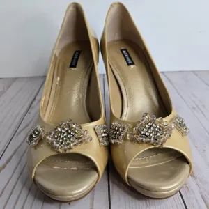 Alex Marie Women's Patent leather open toe dress pumps w/ Tan with Jewels sz 8.5
