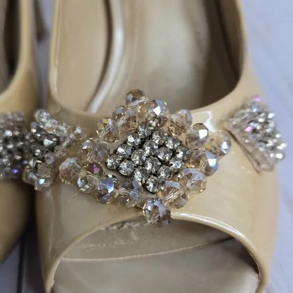 Alex Marie Women's Patent leather open toe dress pumps w/ Tan with Jewels sz 8.5