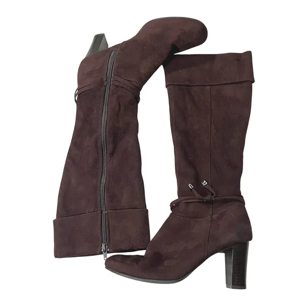 Alfredo Pauly Knee High Boots Block Heel Tie Detail Brown Size 7.5