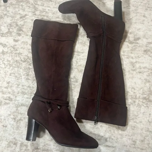 Alfredo Pauly Knee High Boots Block Heel Tie Detail Brown Size 7.5