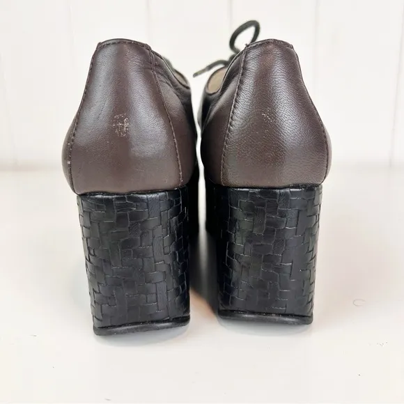 All Black Footwear Platform Lace up Mary Janes Brown Woven Embossed Size 38
