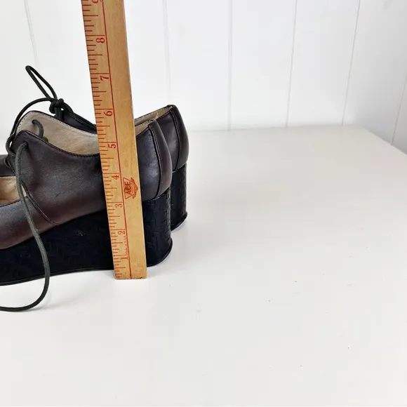 All Black Footwear Platform Lace up Mary Janes Brown Woven Embossed Size 38