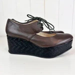 All Black Footwear Platform Lace up Mary Janes Brown Woven Embossed Size 38