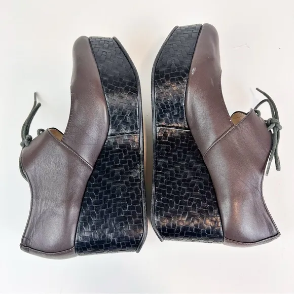 All Black Footwear Platform Lace up Mary Janes Brown Woven Embossed Size 38