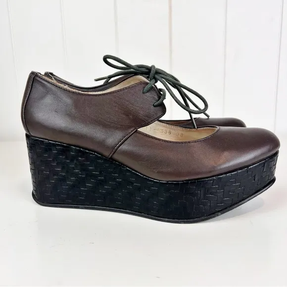 All Black Footwear Platform Lace up Mary Janes Brown Woven Embossed Size 38