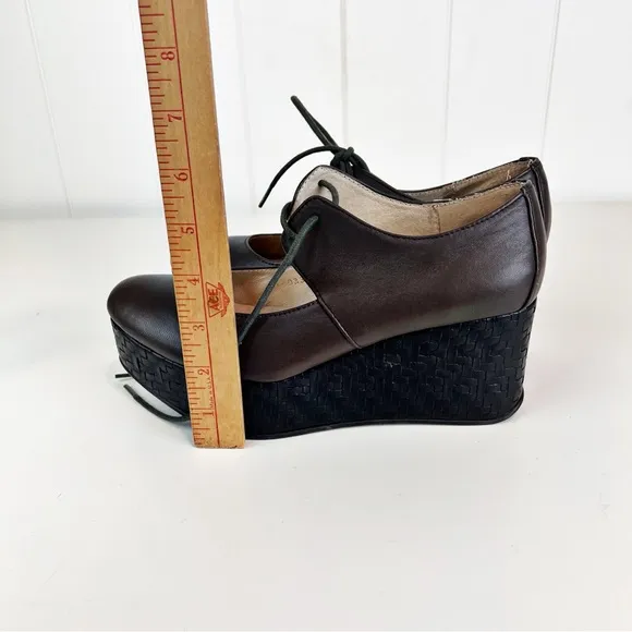 All Black Footwear Platform Lace up Mary Janes Brown Woven Embossed Size 38