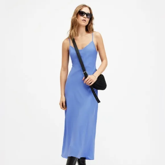 All Saints Bryony Slim Fit V-neck Midi Satin Slip Dress in Purple Size 10 NWOT