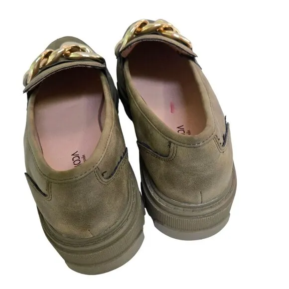 Alta Moda Super Chunky Olive Green Gold Chain Vegan Leather Loafers Size 41
