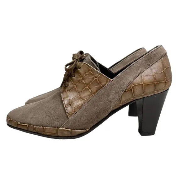 Amalfi Rangoni Women Oxford Heel Booties Croc Embossed Leather Lace Up Taupe 5.5