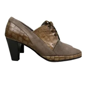 Amalfi Rangoni Women Oxford Heel Booties Croc Embossed Leather Lace Up Taupe 5.5