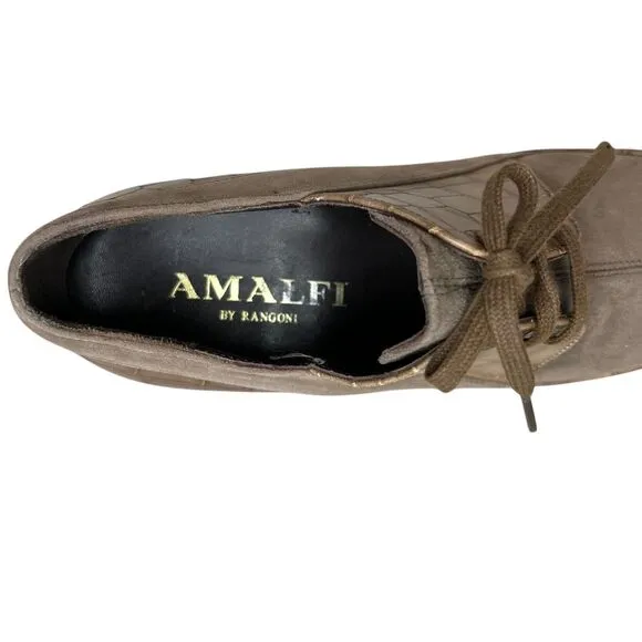 Amalfi Rangoni Women Oxford Heel Booties Croc Embossed Leather Lace Up Taupe 5.5