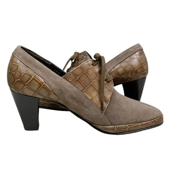 Amalfi Rangoni Women Oxford Heel Booties Croc Embossed Leather Lace Up Taupe 5.5