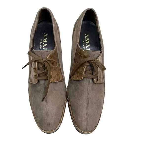 Amalfi Rangoni Women Oxford Heel Booties Croc Embossed Leather Lace Up Taupe 5.5