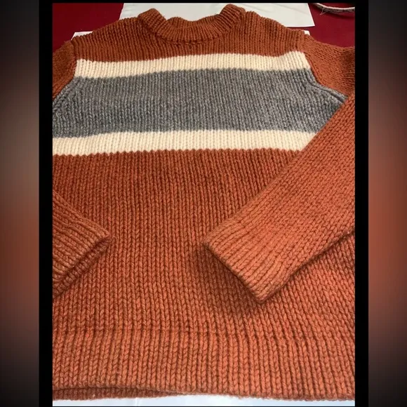 AMERICAN EAGLE grunge ORANGE Lambswool Heavy Knit SWEATER Gray Chest Stripes men