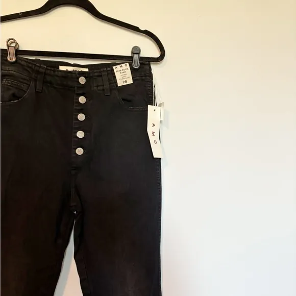 AMO Slim Dock Pant High Rise Jeans Exposed Button Fly Black Magic Sz 28 NWT
