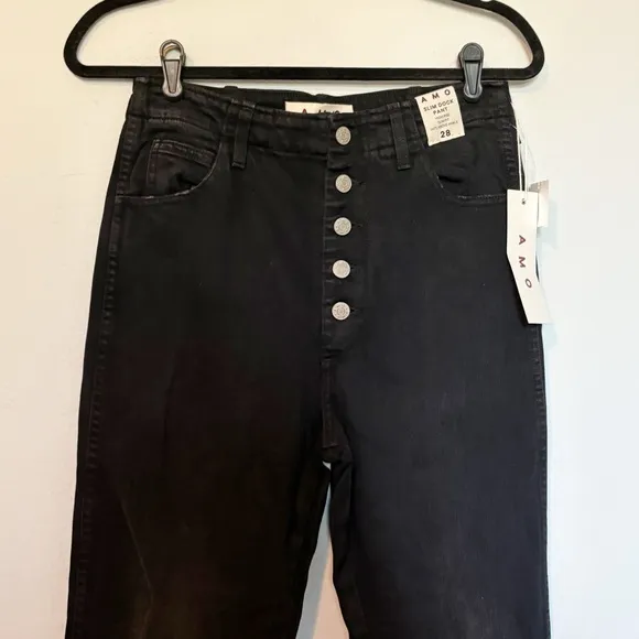 AMO Slim Dock Pant High Rise Jeans Exposed Button Fly Black Magic Sz 28 NWT