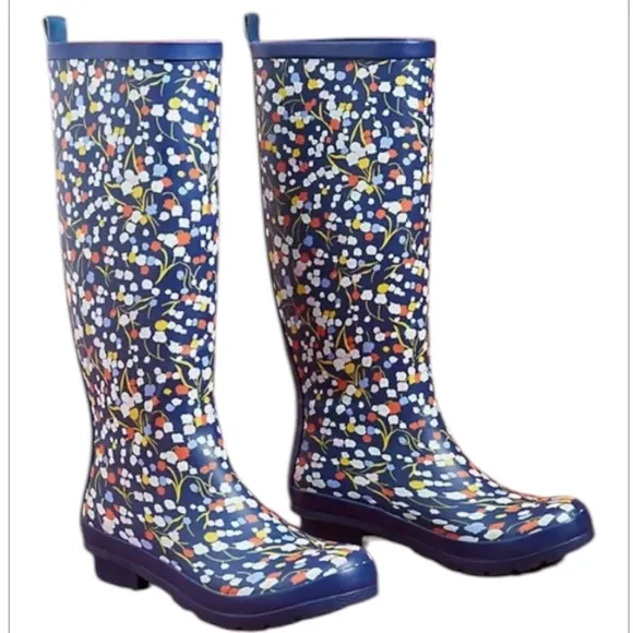 Anthropologie Colloquial Rain Boots Pop Potpourri  Blue Motif Floral print Sz 6