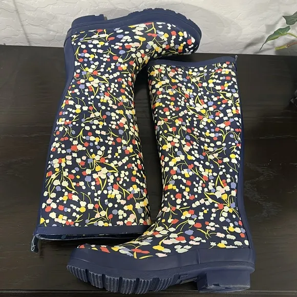 Anthropologie Colloquial Rain Boots Pop Potpourri  Blue Motif Floral print Sz 6