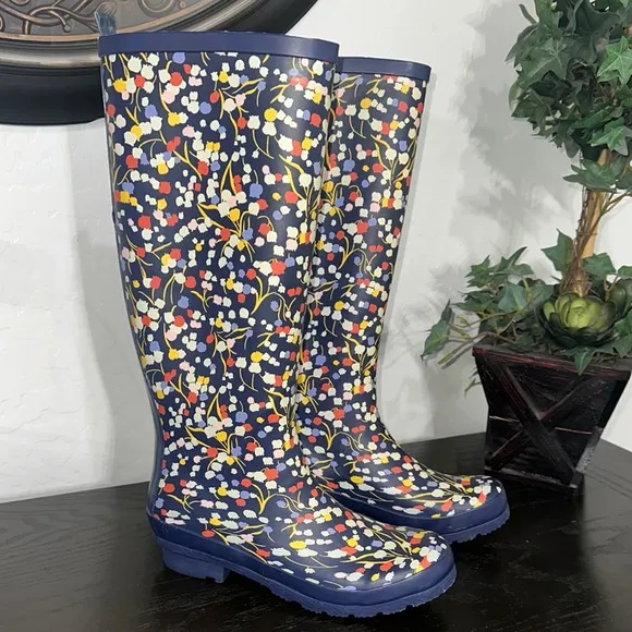 Anthropologie Colloquial Rain Boots Pop Potpourri  Blue Motif Floral print Sz 6