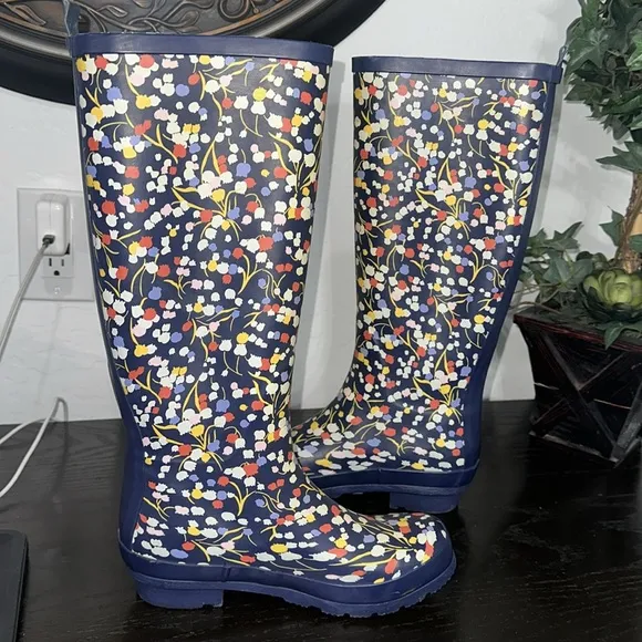 Anthropologie Colloquial Rain Boots Pop Potpourri  Blue Motif Floral print Sz 6