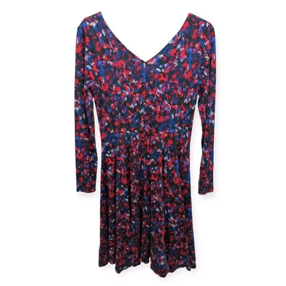 ANTHROPOLOGIE Saraid Red Dress HD in Paris Fit Flare Long Sleeve Blue Stretch S