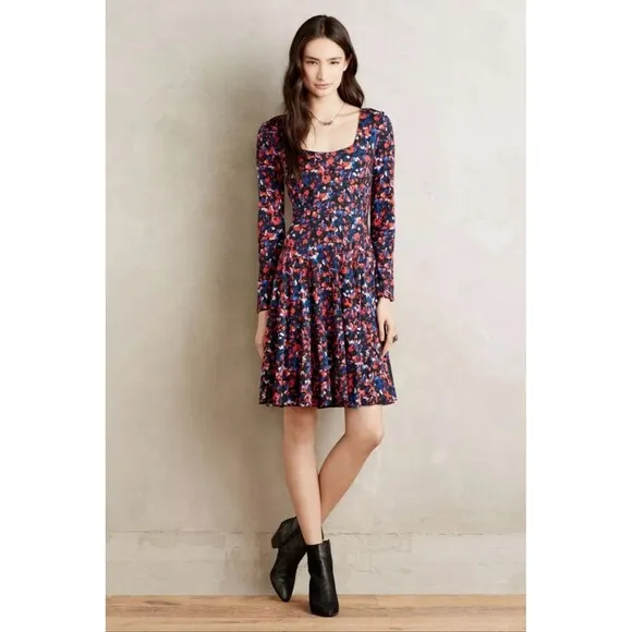 ANTHROPOLOGIE Saraid Red Dress HD in Paris Fit Flare Long Sleeve Blue Stretch S