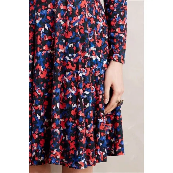 ANTHROPOLOGIE Saraid Red Dress HD in Paris Fit Flare Long Sleeve Blue Stretch S