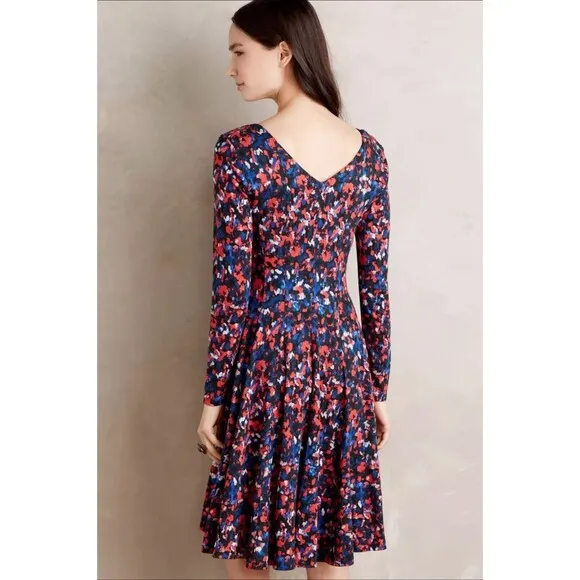 ANTHROPOLOGIE Saraid Red Dress HD in Paris Fit Flare Long Sleeve Blue Stretch S