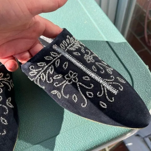Anthropologie Laidback London Handmade Velvet Beaded Mules NWT
