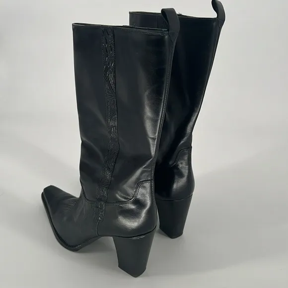 ANTONIO MELANI Black Mid Calf Pointed Toe Western Inspired Leather Boots Size 9