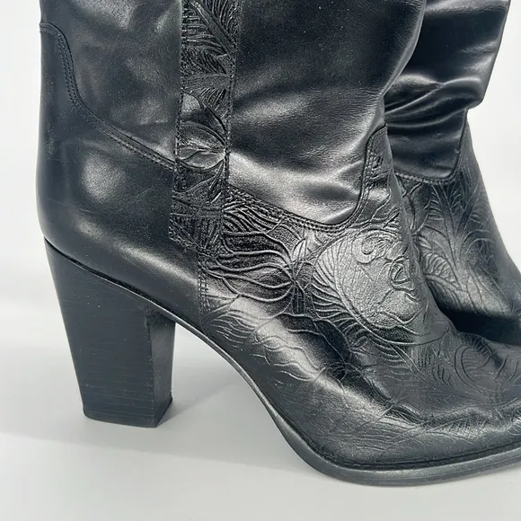 ANTONIO MELANI Black Mid Calf Pointed Toe Western Inspired Leather Boots Size 9