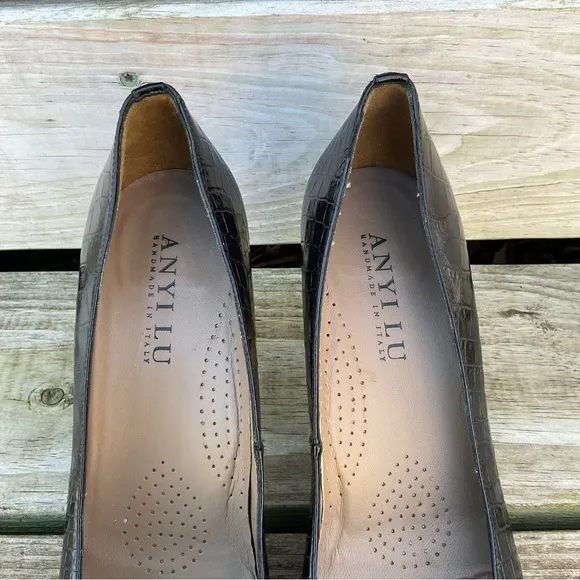 ANYI LU Black Pumps Heels Leather Croc Embossed Italian Handmade EU 41.5 US 11