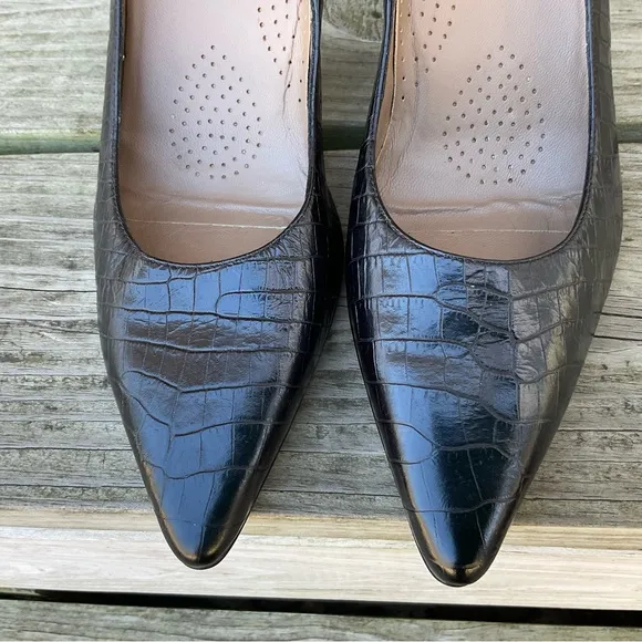 ANYI LU Black Pumps Heels Leather Croc Embossed Italian Handmade EU 41.5 US 11