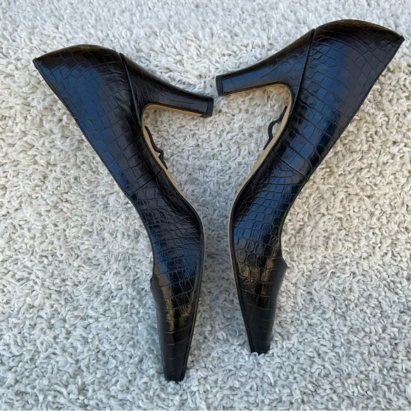 ANYI LU Black Pumps Heels Leather Croc Embossed Italian Handmade EU 41.5 US 11