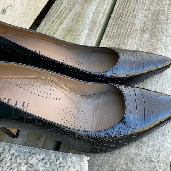 ANYI LU Black Pumps Heels Leather Croc Embossed Italian Handmade EU 41.5 US 11