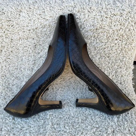 ANYI LU Black Pumps Heels Leather Croc Embossed Italian Handmade EU 41.5 US 11