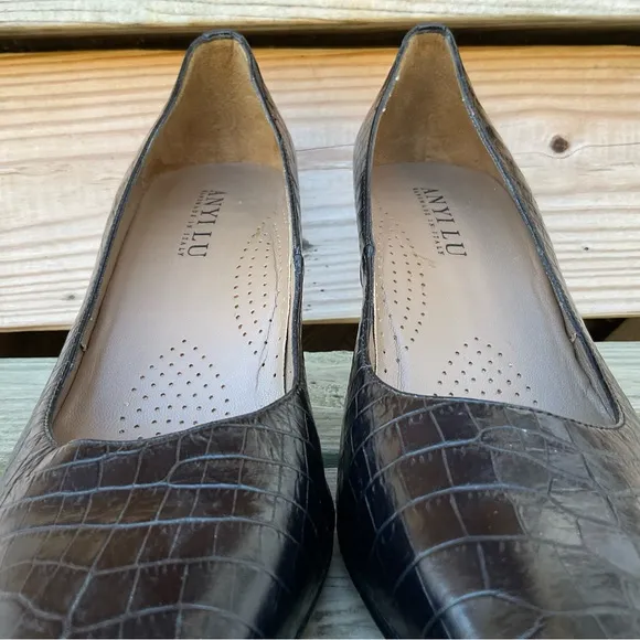 ANYI LU Black Pumps Heels Leather Croc Embossed Italian Handmade EU 41.5 US 11