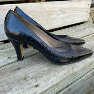 ANYI LU Black Pumps Heels Leather Croc Embossed Italian Handmade EU 41.5 US 11