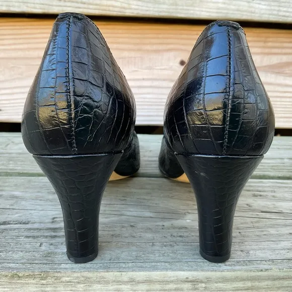 ANYI LU Black Pumps Heels Leather Croc Embossed Italian Handmade EU 41.5 US 11
