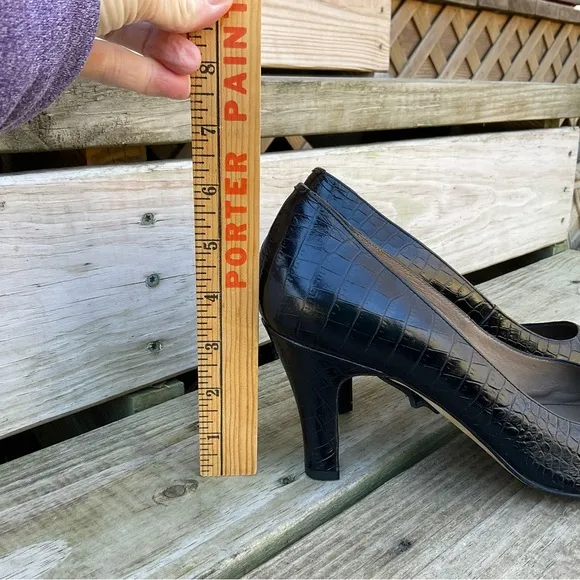 ANYI LU Black Pumps Heels Leather Croc Embossed Italian Handmade EU 41.5 US 11
