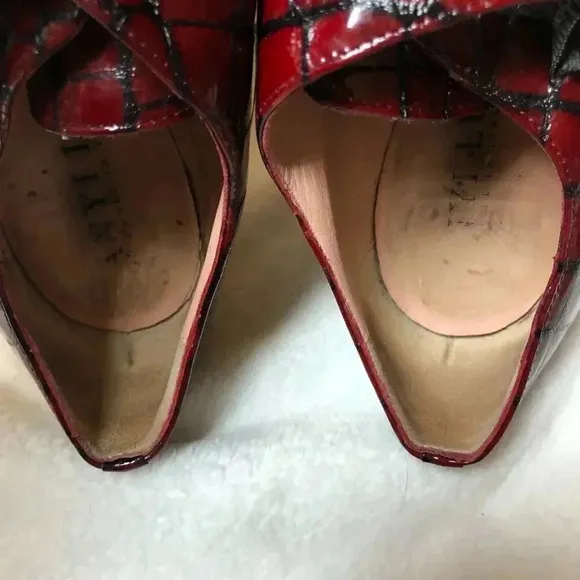 Anyi Lu Red Black Patent Leather Monk Strap Kitten Heel Shoes Size 38.5 (US 8)
