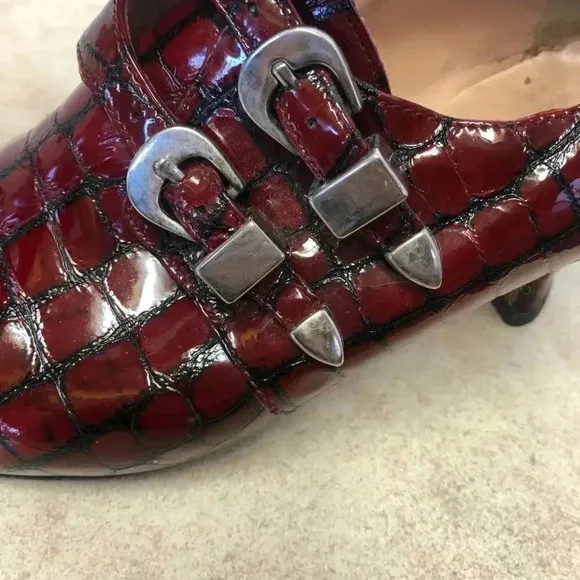 Anyi Lu Red Black Patent Leather Monk Strap Kitten Heel Shoes Size 38.5 (US 8)
