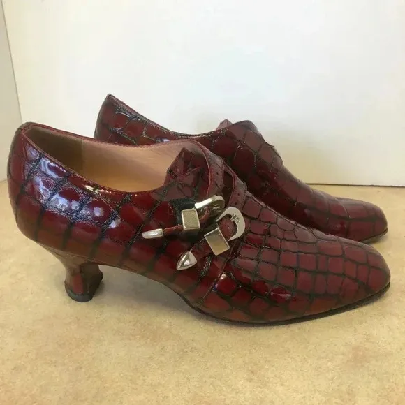 Anyi Lu Red Black Patent Leather Monk Strap Kitten Heel Shoes Size 38.5 (US 8)