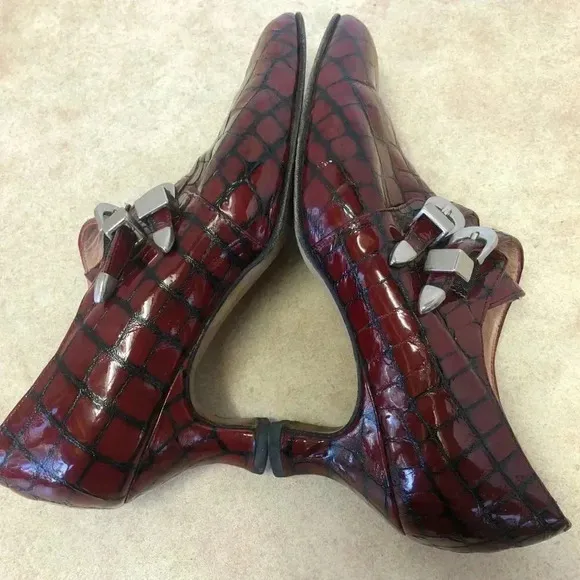 Anyi Lu Red Black Patent Leather Monk Strap Kitten Heel Shoes Size 38.5 (US 8)