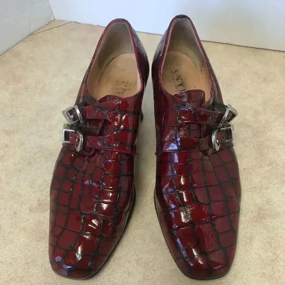 Anyi Lu Red Black Patent Leather Monk Strap Kitten Heel Shoes Size 38.5 (US 8)